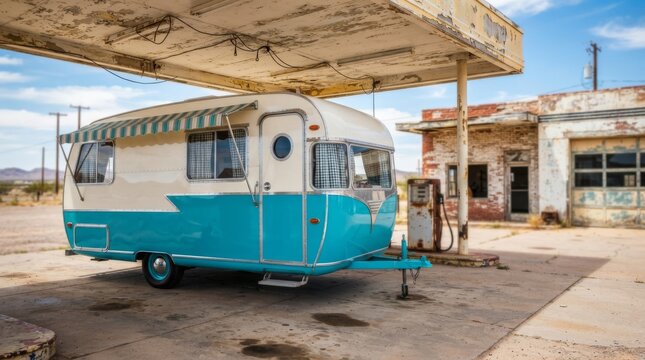 Vintage turquoise and white caravan trailer parked under canopy at abandoned desert gas station. Retro road trip and nostalgic travel concept on Route 66.