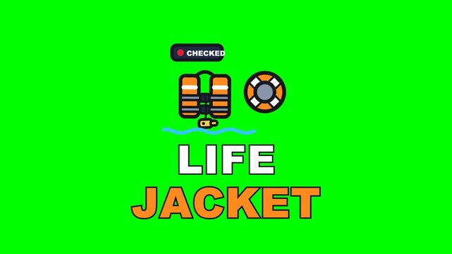 4K green screen LIFE JACKET animated text - the ring riding the swell beside the vest, kinetic typography sailing and boating overlay for travel vlogs and social media, chroma key