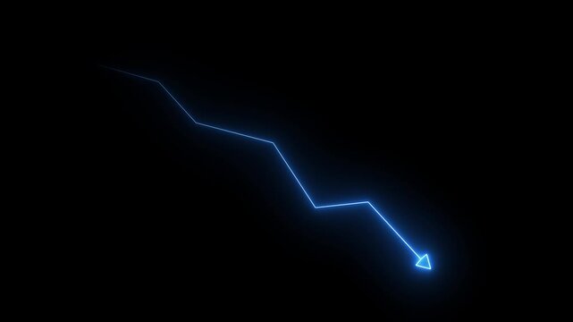 Glowing red neon downward graph with arrow indicating decline, loss, and negative trends on a dark, abstract background, perfect for conveying risk, crisis animation. 4k