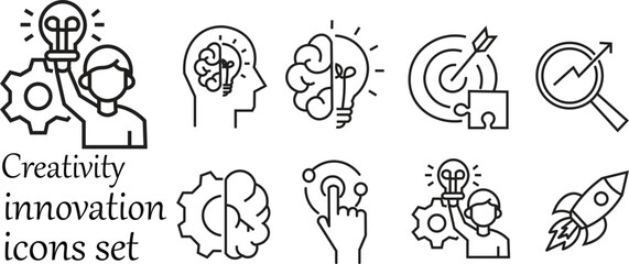 Fototapeta premium Creativity and Innovation Line Icon Set for Target Strategy, Idea Generation and Brainstorming.