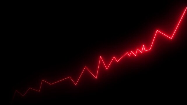 neon glowing zigzag line with upward arrow on black background, representing growth trend, progress, and rising performance. Motion graphics of neon business graph line concept