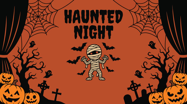 A festive halloween background featuring a cute mummy character surrounded by spooky pumpkins bats and cobwebs for a fun haunted night celebration