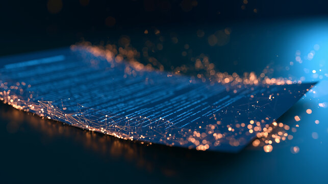 Abstract visualization of glowing digital blockchain nodes and smart contract