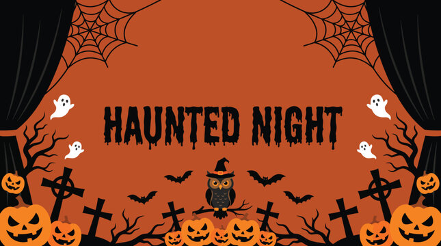A festive halloween background featuring spooky pumpkins bats ghosts and a haunted night sign perfect for holiday party decorations and seasonal graphic designs