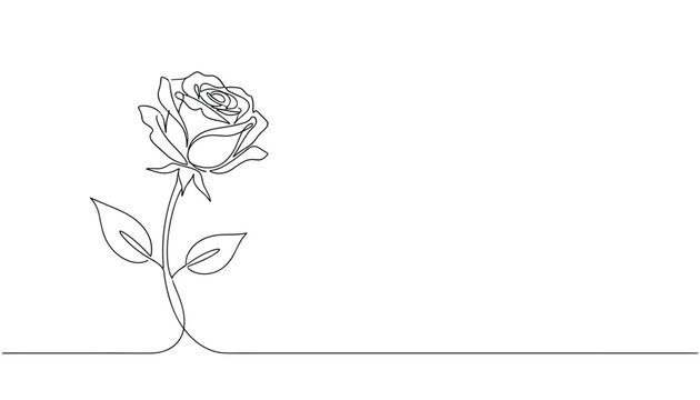 Elegant continuous line drawing of a single rose flower with stem and leaves stretching across the bottom page.
