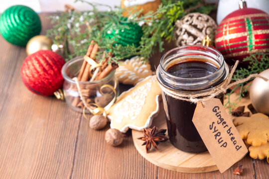 Homemade gingerbread syrup in jar