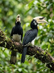 Fototapeta premium Pair of Oriental Pied Hornbills Perched on a Mossy Tree Branch in a Lush Tropical Rainforest Environment