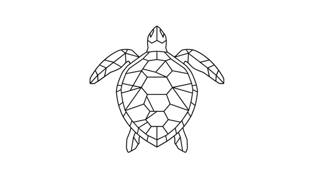 Geometric line art illustration of a swimming sea turtle showing complex polygonal patterns on its shell.