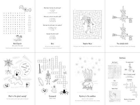 Set of seven games. Halloween. English Language. Vector illustration. Set No. 1.