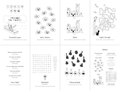 Set of seven games. Halloween. English Language. Vector illustration. Set No. 2.