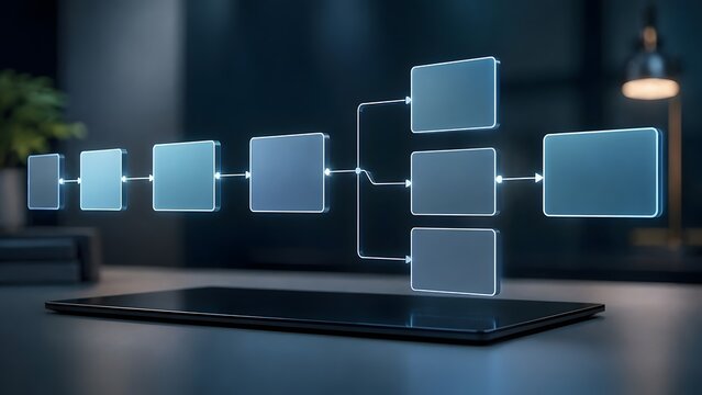 Digital tablet projecting a glowing 3D holographic flowchart diagram for business process management and workflow automation on an office desk