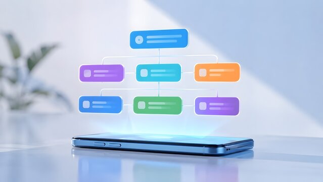 Smartphone projecting a colorful 3D holographic organizational chart and business process flowchart on a bright office desk