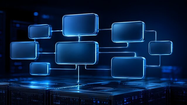 Glowing blue 3D holographic block diagram and workflow flowchart floating above server racks in a futuristic dark data center