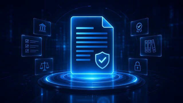 Glowing blue 3D holographic digital document with shield checkmark icon on futuristic podium representing cyber security and legal compliance