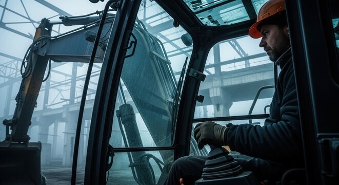 Construction Operator Driving Heavy Excavator Machine In Industrial Zone