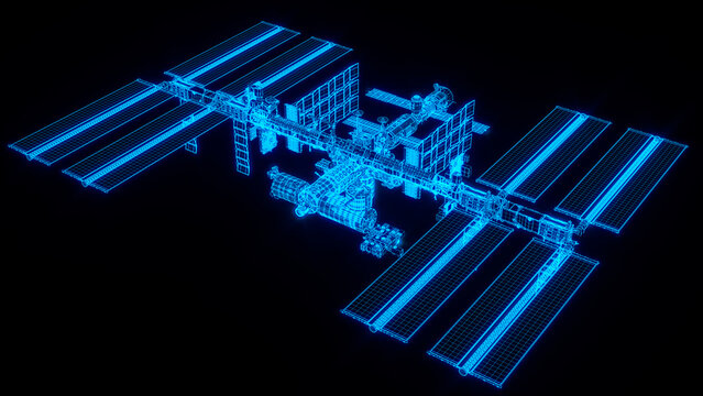 Futuristic 3D render of a glowing space station hologram with digital network elements and isometric view isolated on a dark background.