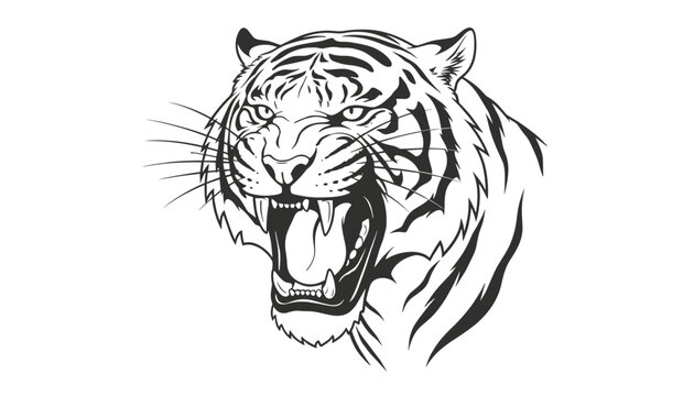 Detailed black and white vector illustration of a roaring tiger head, showing sharp fangs and an aggressive wild expression.