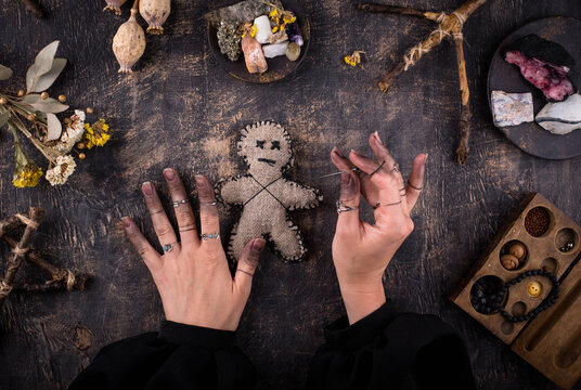 Voodoo doll. Black magic witch esoteric ritual. Halloween concept