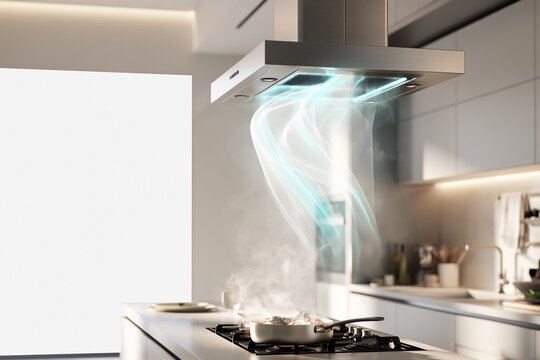 Modern kitchen with active stovetop and stainless steel range hood in Qatari home