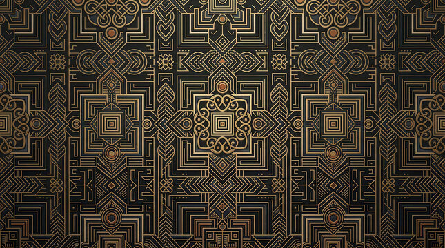 Intricate gold and bronze linear patterns on dark slate for architectural wall art.