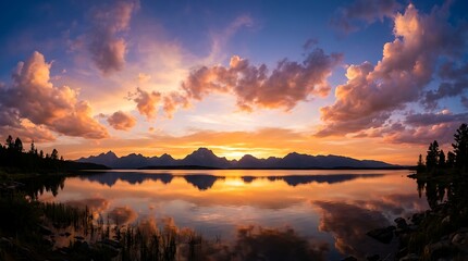 Fototapeta premium Dramatic sunset sky with colorful clouds reflecting over a calm mountain lake landscape.