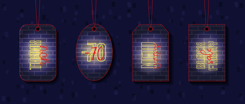 Collection of hanging neon price tags on dark brick backdrop for Black Friday retail promotion. Tag mockup