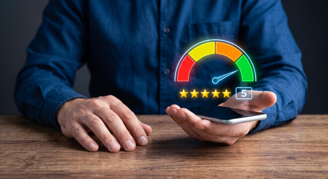 Professional man holding a smartphone displaying a five-star digital performance rating holographic meter.