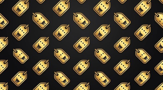 Gold shopping tag pattern on black background
