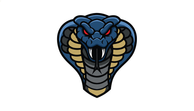 Dangerous blue cobra snake head mascot logo with red eyes and sharp fangs, ideal for esports team, gaming, or brand emblem.