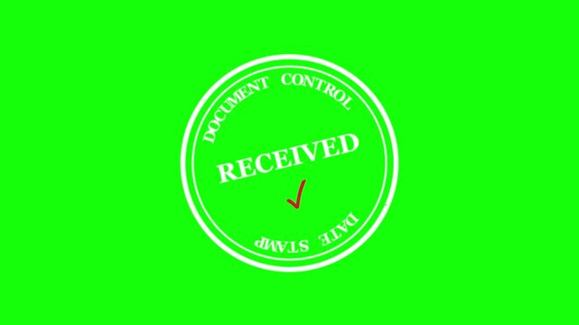 Received document control stamp with check mark on green screen background, white ink round stamp transition animation for video editing and business composition