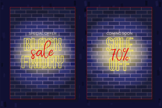 Pair of promotional posters with glowing neon signage on dark brick texture for Black Friday sale