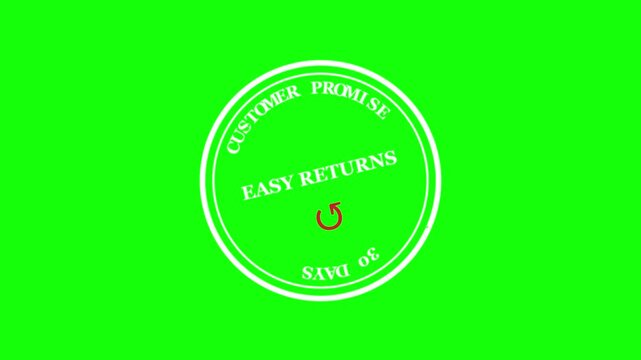 Easy returns seal animation on green screen background, white customer promise stamp zooming in and out with circular layout, 30 days refund guarantee retail motion graphic