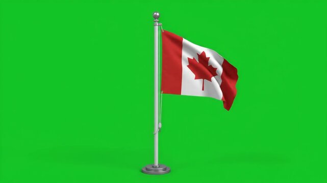 Canadian flag waving proudly on a flagpole against a vibrant green screen background, symbolizing national identity and patriotism.