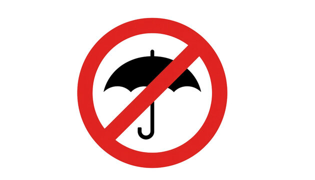 Prohibited umbrella sign with red strikeout circle. No umbrellas allowed warning symbol. Restricted rain gear icon for safety and security.
