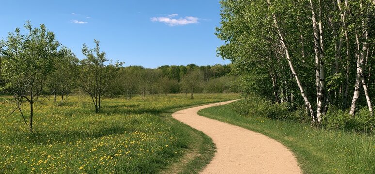 A winding paved path through a lush green meadow with birch trees on the right and a blue sky above.