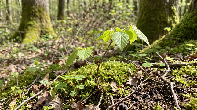 Young Tree Sapling Growing from Mossy Forest Floor Soil