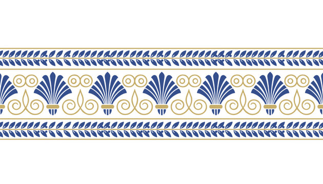 Classic Greek or Roman ornamental border pattern featuring gold scrolls and blue palmette leaves on a clean white background.