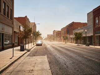 Fototapeta premium Empty small town street under bright summer sun with hazy heat and vintage brick buildings