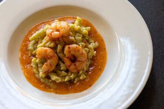 Close-Up Sicilian Busiate Pasta With Pistachio and Shrimp