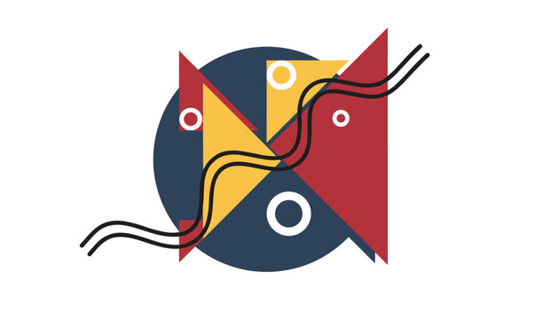 Symmetric abstract art composed of red and yellow triangles, wavy black lines, and white circles on a dark blue background.