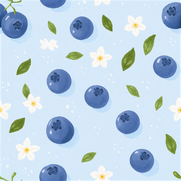 Hand drawn seamless pattern with blueberries, white flowers and green leaves on a light blue background, cheerful botanical fruit design for wallpaper, fabric, packaging, stationery and seasonal