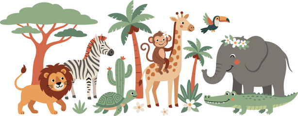 Naklejka premium Cute safari animals vector illustration set featuring adorable jungle characters like lion giraffe elephant zebra monkey and crocodile with tropical trees