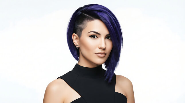 Confident woman purple hair sidecut isolated.
