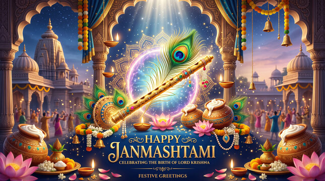 Happy janmashtami greeting banner with golden flute peacock feather and dahi handi pots in traditional indian temple hindu festival janmashtami festival celebration
