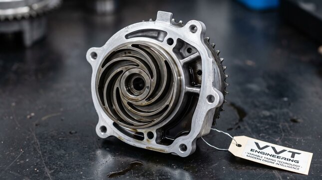 Close-up of a VVT (Variable Valve Timing) engine oil pump component by VVT Engineering, showcasing modern automotive engine intelligence technology.