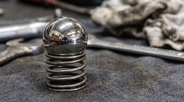 Detailed view of a shiny metal ball bearing on a spring, reflecting a busy auto repair shop or garage with various tools and equipment.