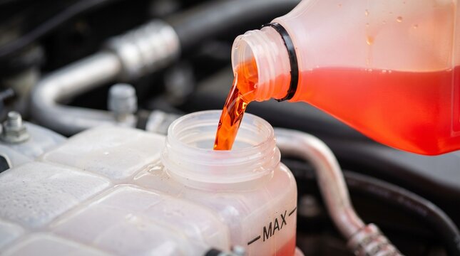 Pouring orange antifreeze into a car's coolant reservoir, ensuring proper engine temperature and preventing overheating. Essential vehicle maintenance.