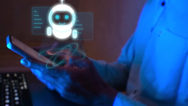 Businessman using smartphone with AI agent robot assistant hologram icon, representing artificial intelligence automation, digital technology innovation and smart virtual support