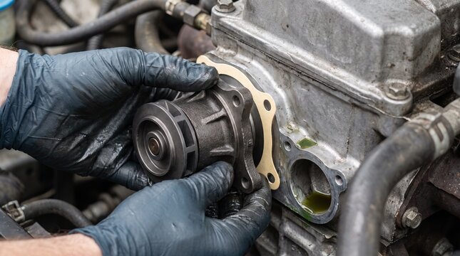 Hands in gloves installing a new water pump and gasket in a car engine, highlighting precision in auto repair and maintenance. Perfect for automotive service themes.