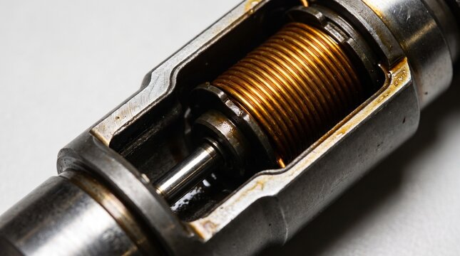 Close-up of a detailed internal mechanism featuring a shining copper coil winding and metallic shaft within an electromechanical component, possibly an engine part. 